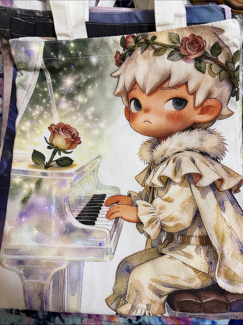 Whimsical Piano Boy Floral Tote Bag - Cream & Pastel